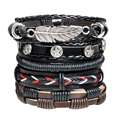baratos Pulseira-Homens Pulseiras de couro tear Bracelet Entrançado Corda Formato de Folha Vintage Rock Hip-Hop Pele Pulseira de jóias Preto Para Rua Bagels