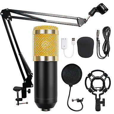 baratos Microfones-bm-800 condensador de áudio 3.5mm com fio estúdio microfone gravação vocal ktv karaoke microfone set mic w / stand para computador